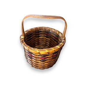Baskerville Vintage Putney Vermont Handled Basket Green Maroon